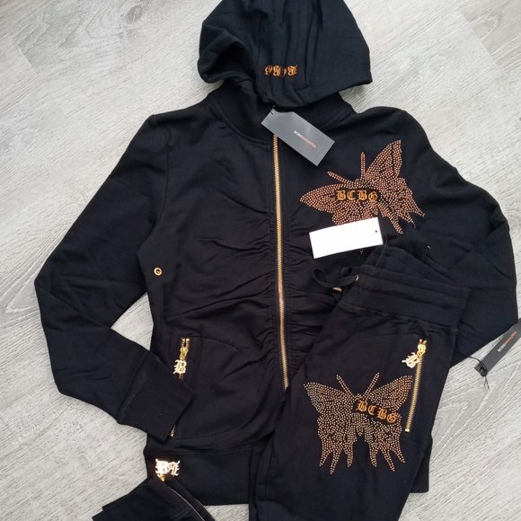 BCBG MAXAZRIA, Rhinestone Butterfly Hoodie & Pant Set  Black - Picture 10 of 11